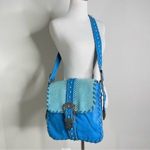 Charm and Luck Blumarine Turquoise 100% Leather Studded Crossbody Messenger Bag